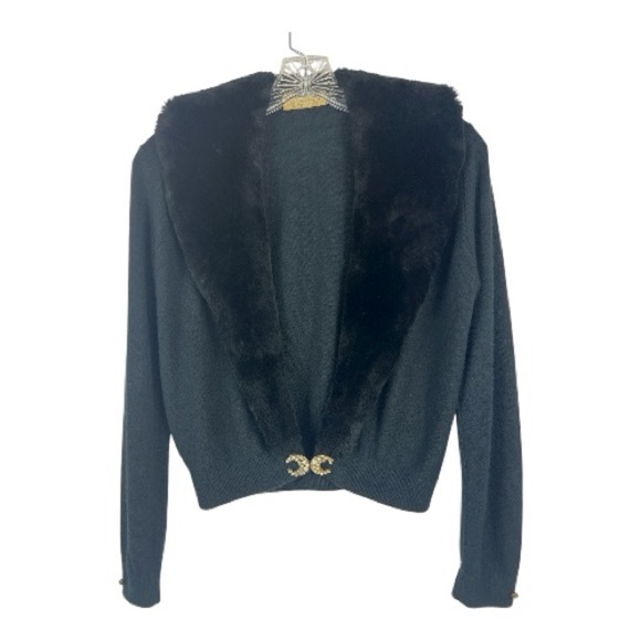 British Vogue Sweaters - Vintage Sz S/M Black Sweater Cardigan Faux Fur Trim Rhiinestone Closure